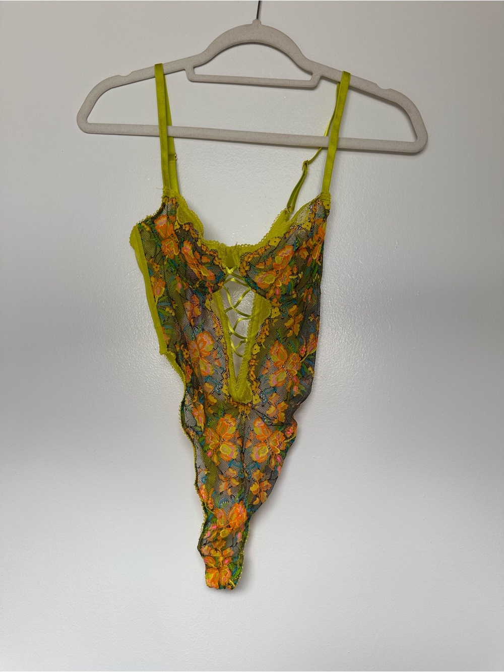 Savage x Fenty Sheer Floral Lace Teddy in Lime Green and Orange